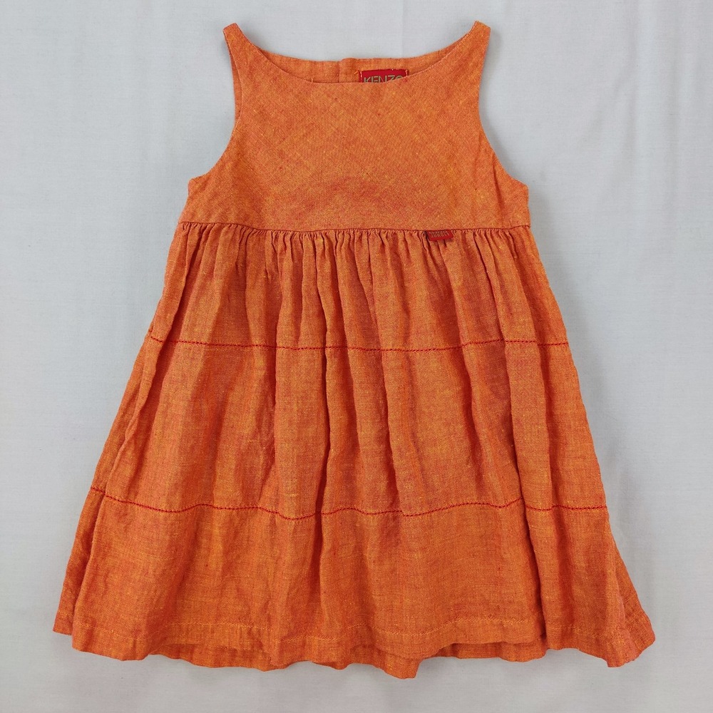 Kenzo Dress Girls 3 Orange Jungle Sleeveless Tiered Linen Blend Empire Waist
